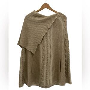 PASHMA 100% Cashmere Cable Knit Poncho with Foldover Neck in Soft Tan
